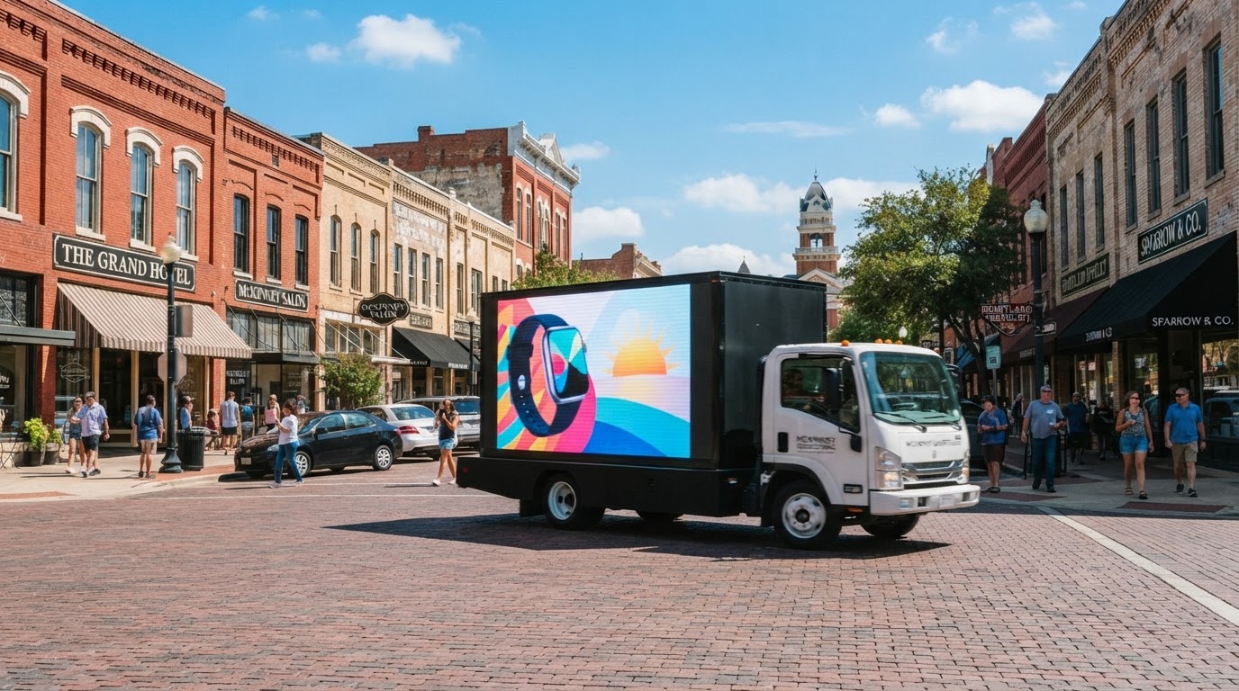 Motivo mobile billboard truck driving through Historic Downtown McKinney, Texas on a sunny day with brick storefronts and clear blue skies