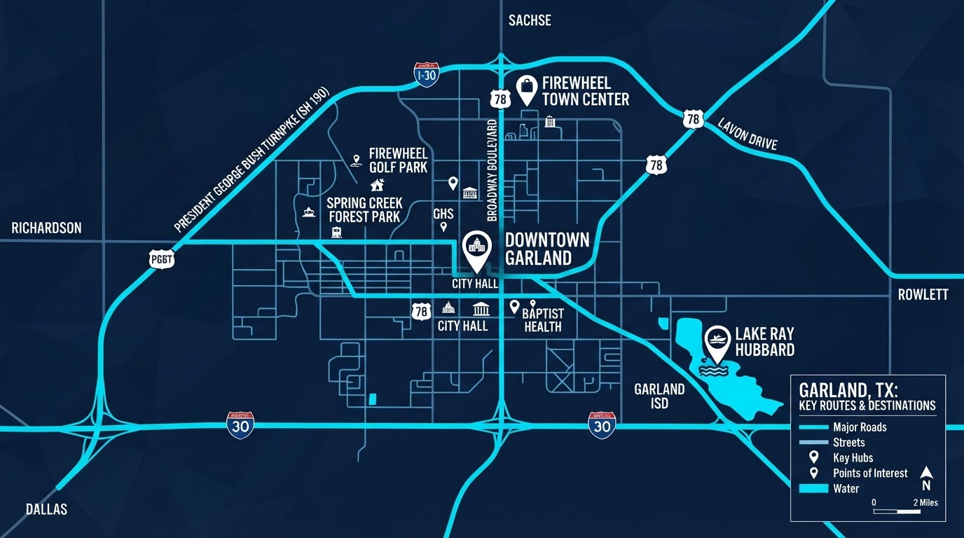 Bright map of Garland showing Motivo mobile billboard campaign routes connecting Downtown Garland, Firewheel, and Lake Ray Hubbard commercial areas along I-30, President George Bush Turnpike, SH-78 Lavon Drive, and Broadway Boulevard