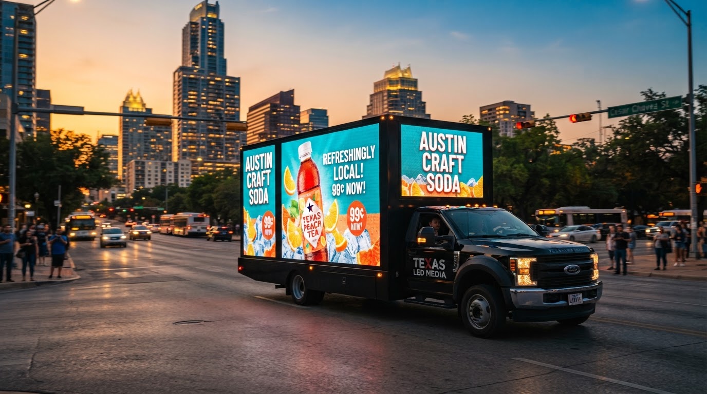 Motivo LED billboard truck driving through downtown Texas with bright full-motion digital LED screens displaying an advertising campaign at dusk