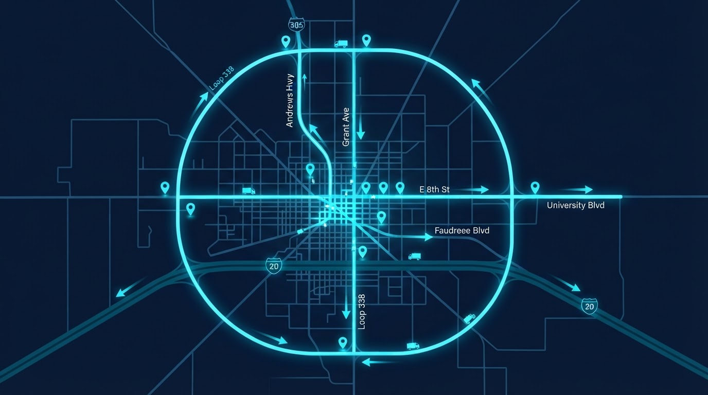 Bright map of Odessa, Texas showing Motivo mobile billboard campaign routes connecting Downtown Odessa, I-20, Loop 338, US-385 Andrews Hwy, E 8th St, Grant Ave, Faudree Rd, and University Blvd