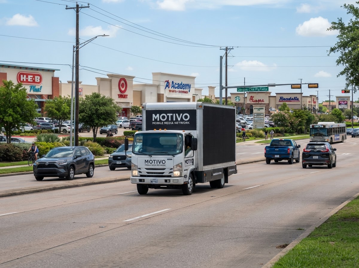 Motivo mobile billboard truck near FM-518 and the League City Parkway retail corridor with suburban shopping centers