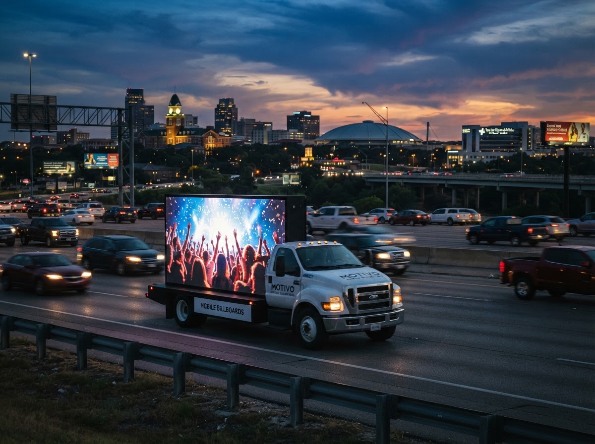 Motivo mobile billboard truck along the I-35 commercial corridor in Waco at dusk