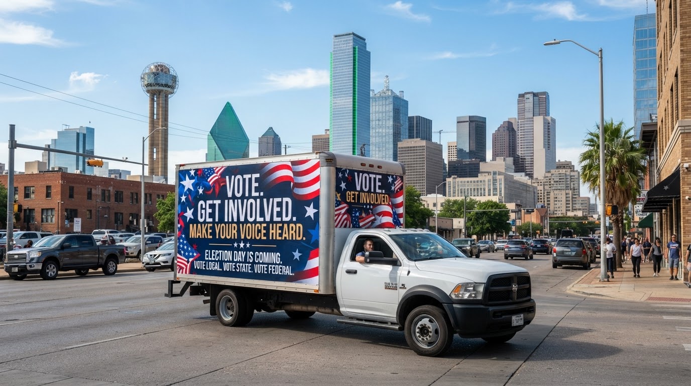Motivo mobile billboard truck displaying a political campaign ad driving through a Texas city street