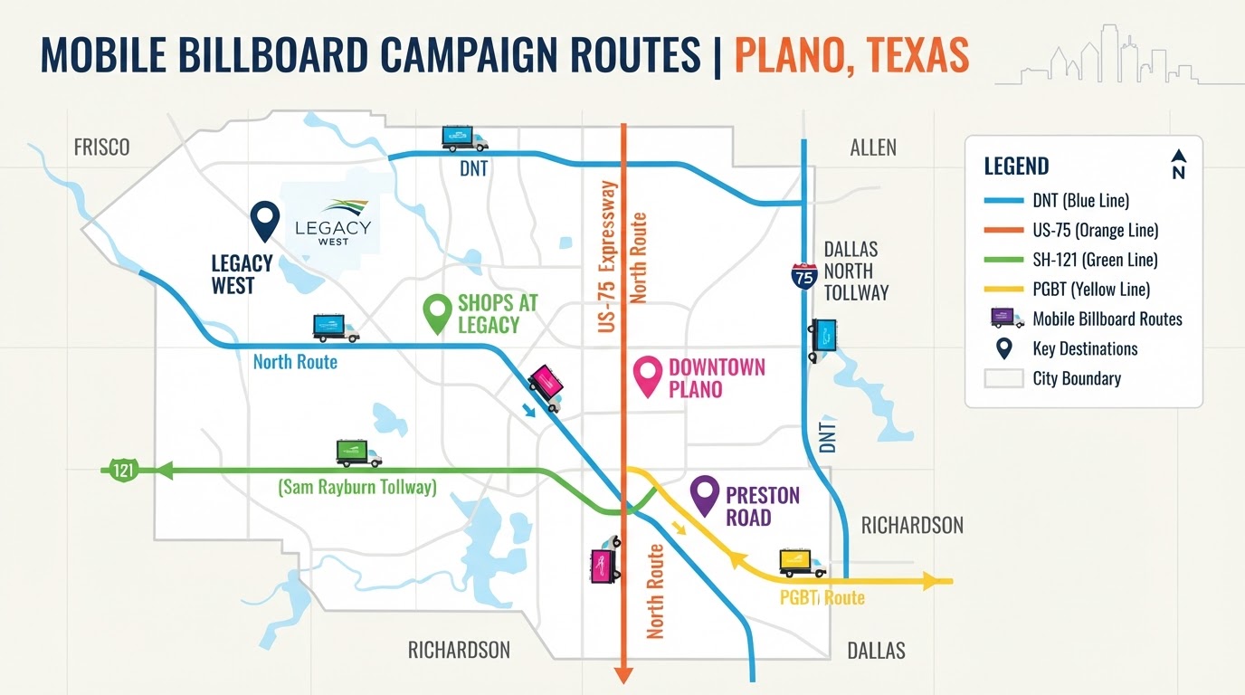 Bright map of Plano, Texas showing Motivo mobile billboard campaign routes connecting Legacy West, Shops at Legacy, Downtown Plano, and the Preston Road corridor along US-75, the Dallas North Tollway, SH-121, and the President George Bush Turnpike