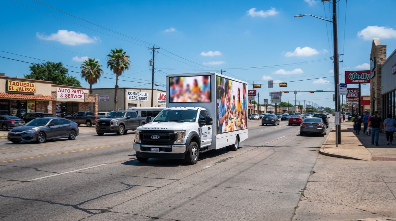 Motivo mobile billboard truck driving along a sunny commercial corridor in Pasadena, Texas with retail storefronts and clear blue skies
