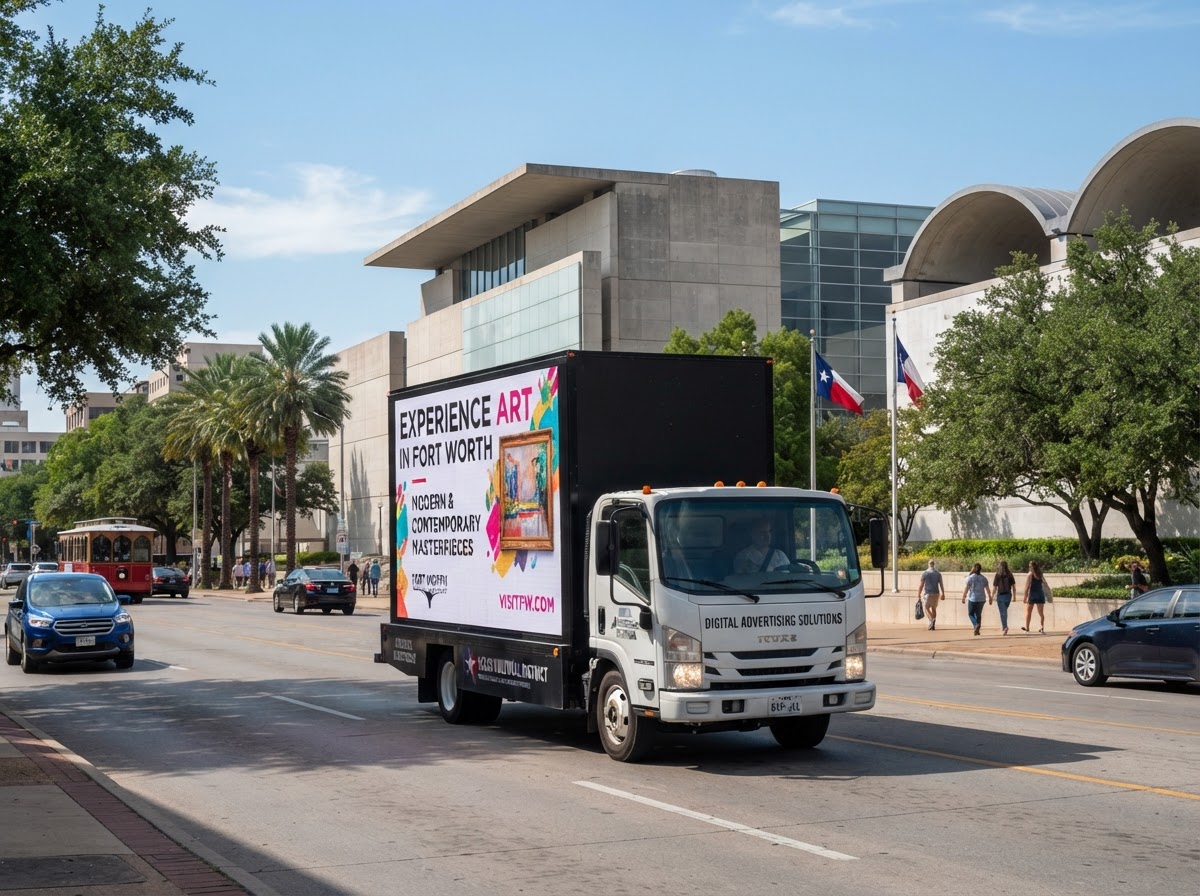 Motivo mobile billboard truck near Fort Worth Cultural District museums