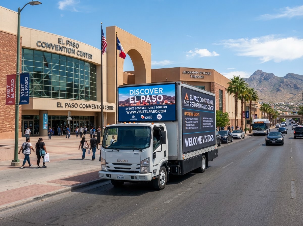 Motivo mobile LED billboard truck near an El Paso event venue and convention center