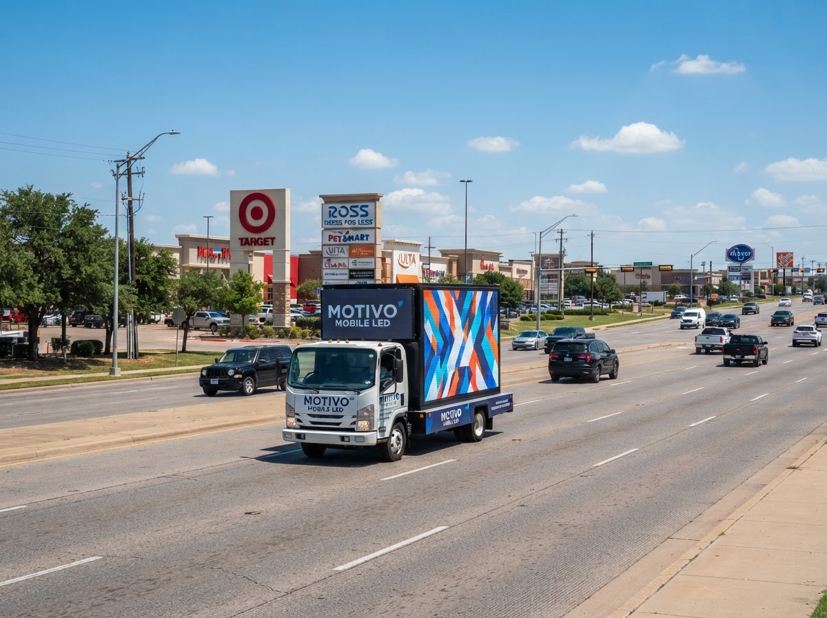 Motivo mobile LED billboard truck along the Loop 288 retail corridor in Denton Texas near shopping centers