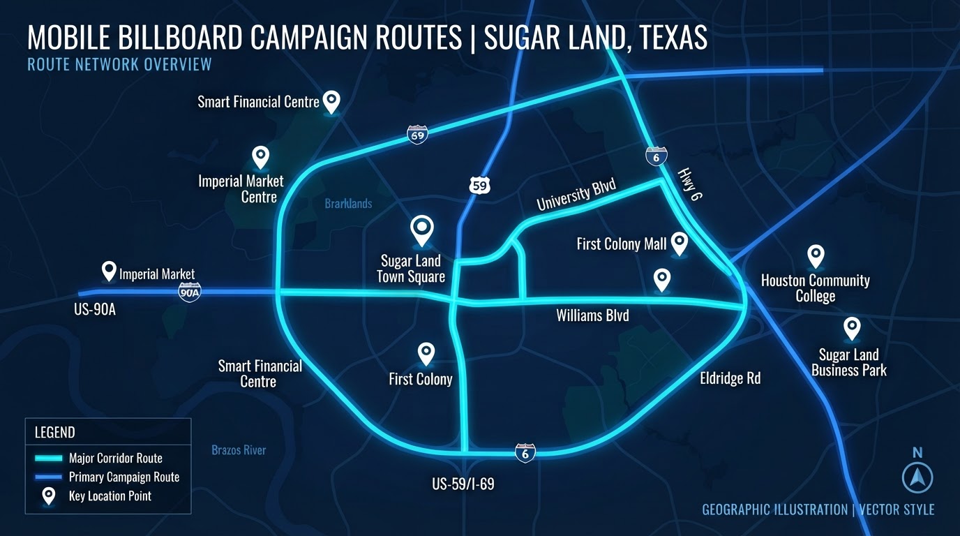 Bright map of Sugar Land, Texas showing Motivo mobile billboard campaign routes connecting Sugar Land Town Square, First Colony, Highway 6, US-59/I-69, US-90A, University Boulevard, Williams Trace, and Eldridge Road