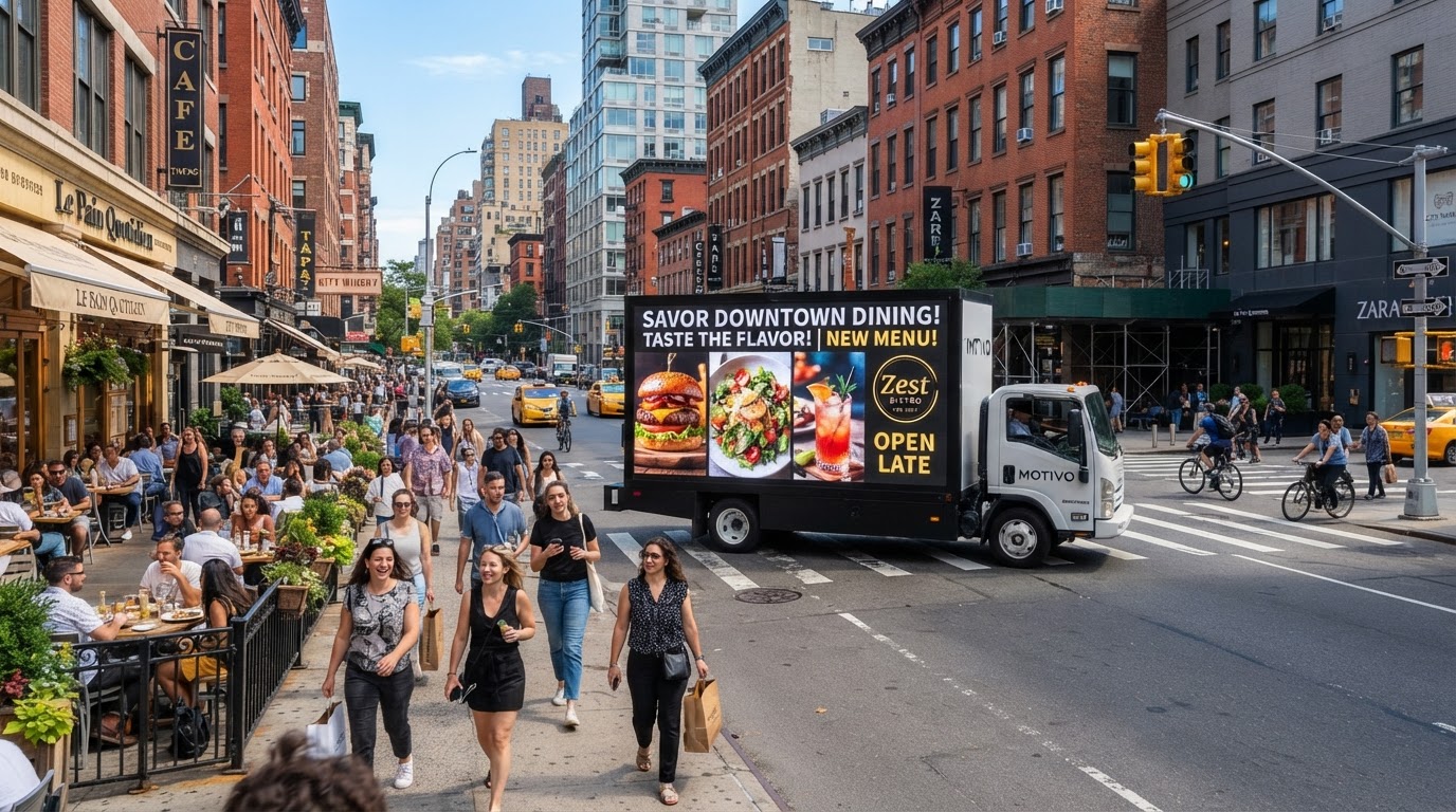 Motivo LED mobile billboard truck promoting a restaurant brand through a busy downtown dining district