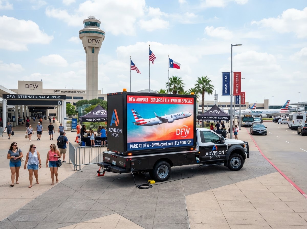 Motivo mobile LED billboard truck at a DFW Airport corridor event area in Irving
