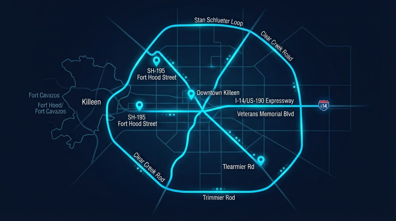 Bright map of Killeen, Texas showing Motivo mobile billboard campaign routes connecting Downtown Killeen, I-14 US-190 Central Texas Expressway, Veterans Memorial Boulevard, SH-195 Fort Hood Street, Stan Schlueter Loop, Clear Creek Road, and Trimmier Road
