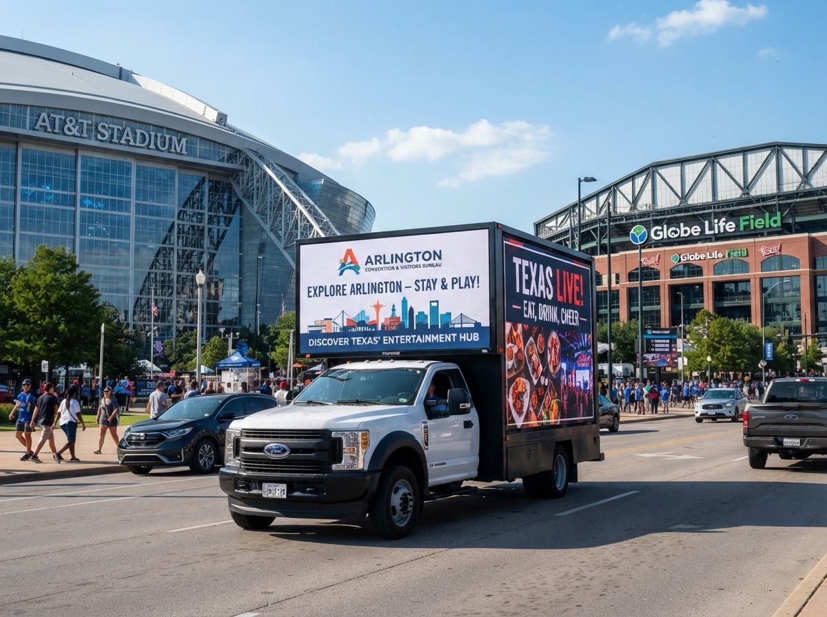 Motivo mobile billboard truck in the Arlington Texas Entertainment District near stadiums