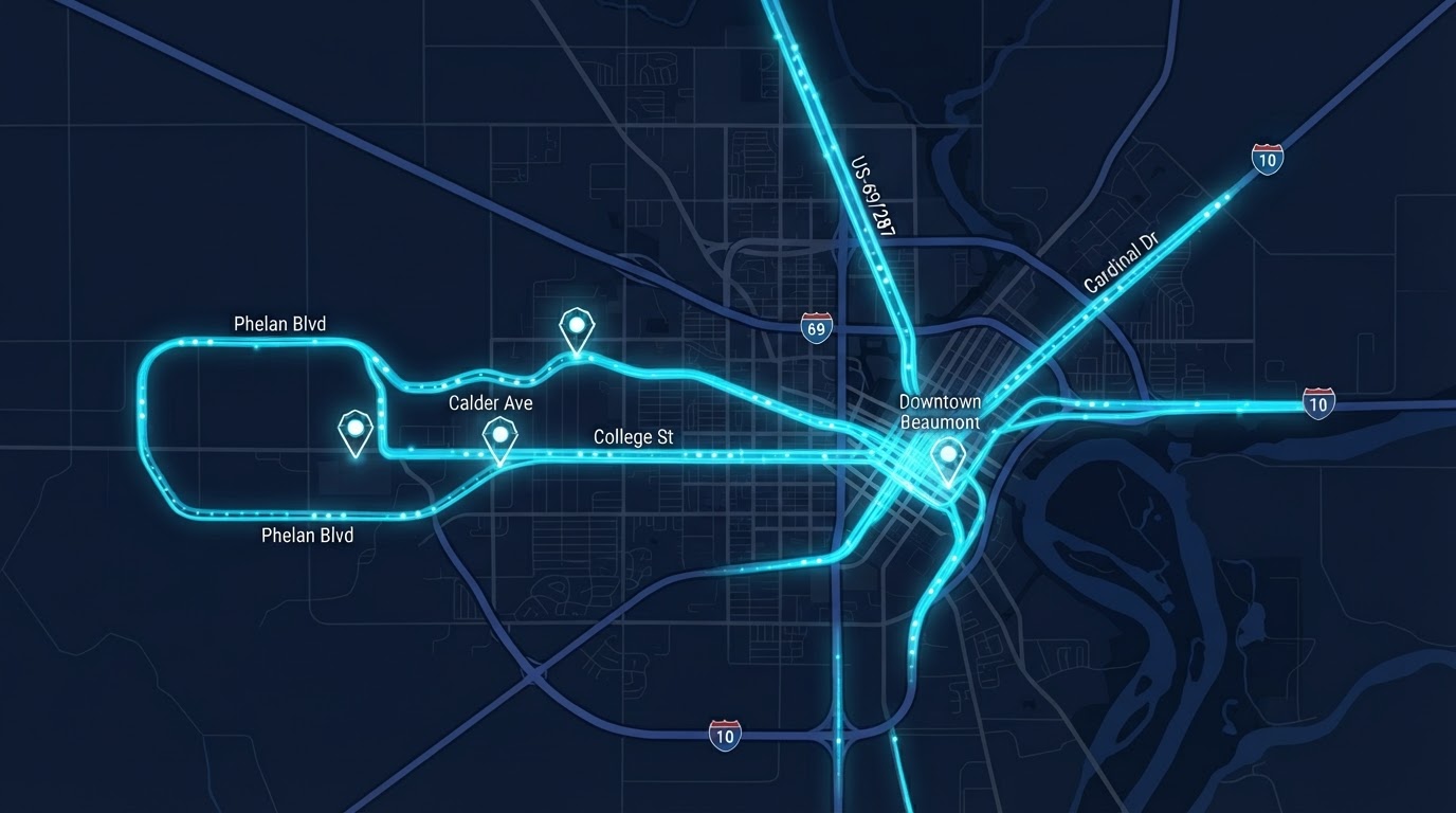 Bright map of Beaumont, Texas showing Motivo mobile billboard campaign routes connecting Downtown Beaumont, I-10, US-69/96/287, Calder Ave, Phelan Blvd, and College St