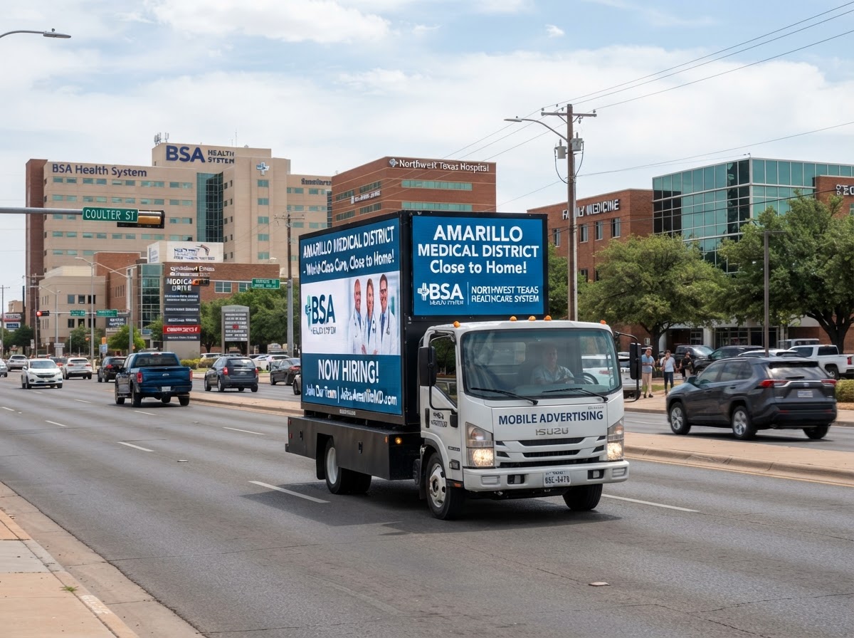 Motivo mobile billboard truck near the Amarillo Medical District and Coulter Street corridor