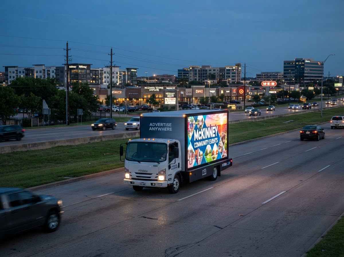 Motivo mobile billboard truck along the US-380 commercial corridor in McKinney at dusk