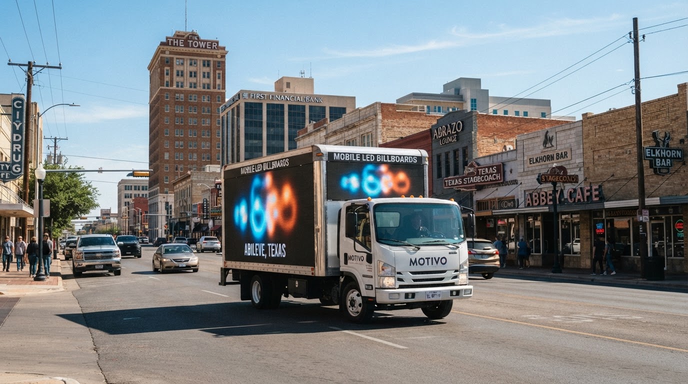 Motivo mobile LED billboard truck driving through Downtown Abilene, Texas near West Texas commercial buildings on a sunny day with clear blue skies