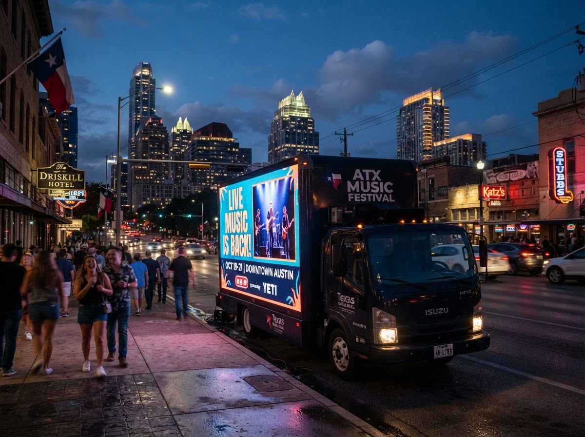 Motivo LED advertising truck displaying a campaign on bright glowing digital screens while parked on a target route in downtown Texas at dusk