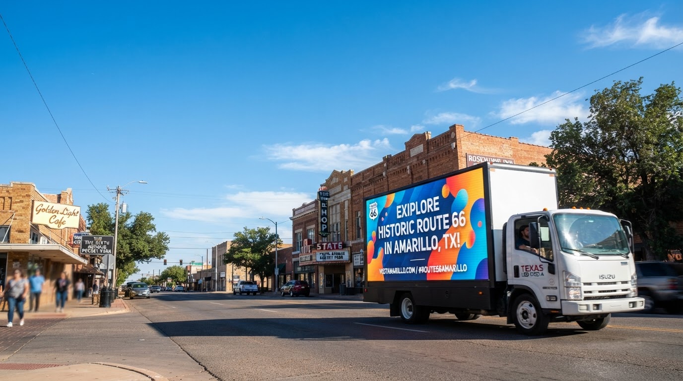 Motivo mobile billboard truck driving through the Historic Route 66 and 6th Avenue area in Amarillo, Texas during the day