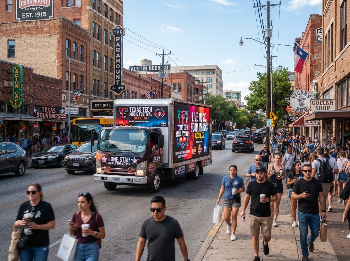 Mobile experiential marketing truck with glowing LED billboard displays driving through a busy downtown Texas street with pedestrians and traffic