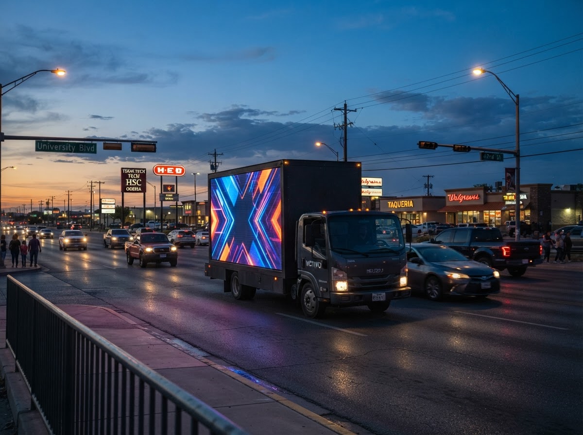 Motivo mobile billboard truck along the University Boulevard commercial corridor in Odessa at dusk