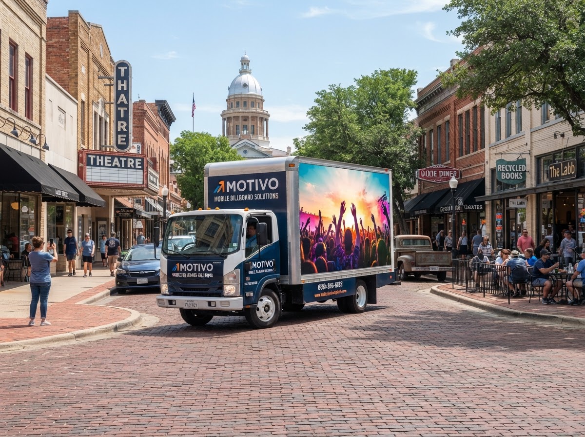 Motivo mobile billboard truck on a Historic Downtown Denton Texas brick-lined street during the day