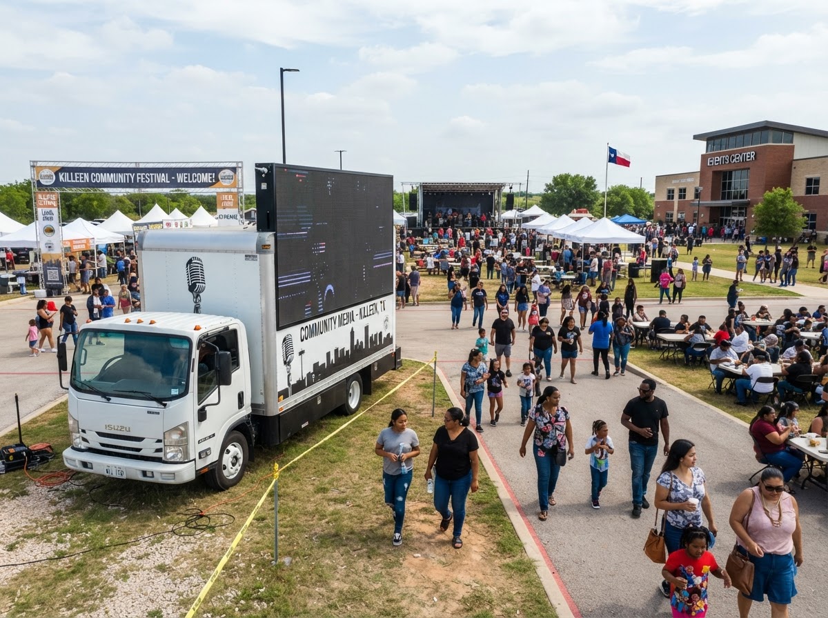 Motivo mobile LED billboard truck near a Killeen community event venue and festival area
