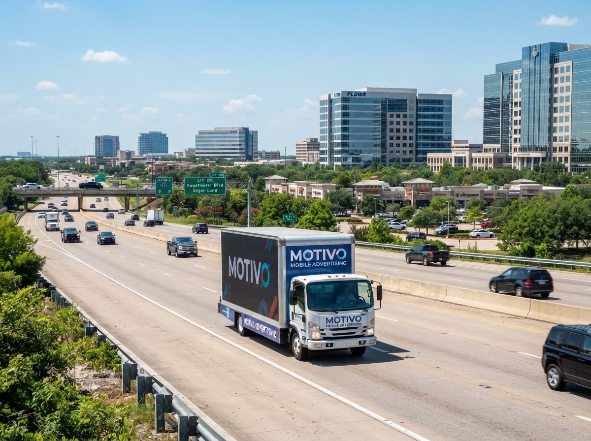 Motivo mobile billboard truck along the US-59 I-69 corridor in Sugar Land Texas with office buildings and commercial centers