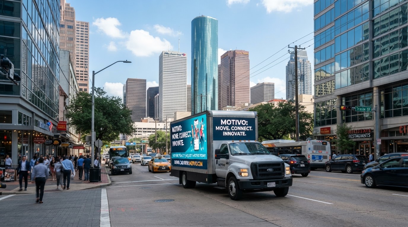 Motivo mobile billboard truck on a downtown Houston business district route during the day
