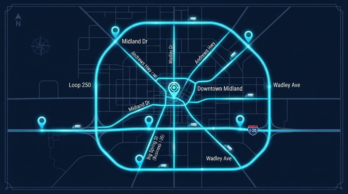 Bright map of Midland, Texas showing Motivo mobile billboard campaign routes connecting Downtown Midland, I-20, Loop 250, Midland Dr, Andrews Hwy, Big Spring St, Wadley Ave, and Mockingbird Ln