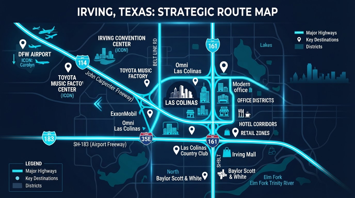 Bright map of Irving showing Motivo mobile billboard campaign routes connecting Las Colinas, the DFW Airport corridor, and office, hotel, and retail districts along SH-114 John Carpenter Freeway, SH-183 Airport Freeway, SH-161 PGBT, and Belt Line Road