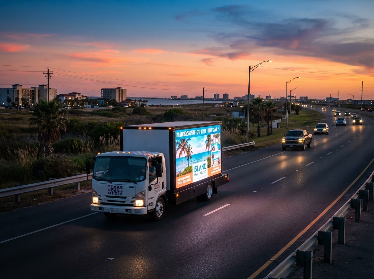 Motivo mobile billboard truck on a Corpus Christi Padre Island access corridor at sunset