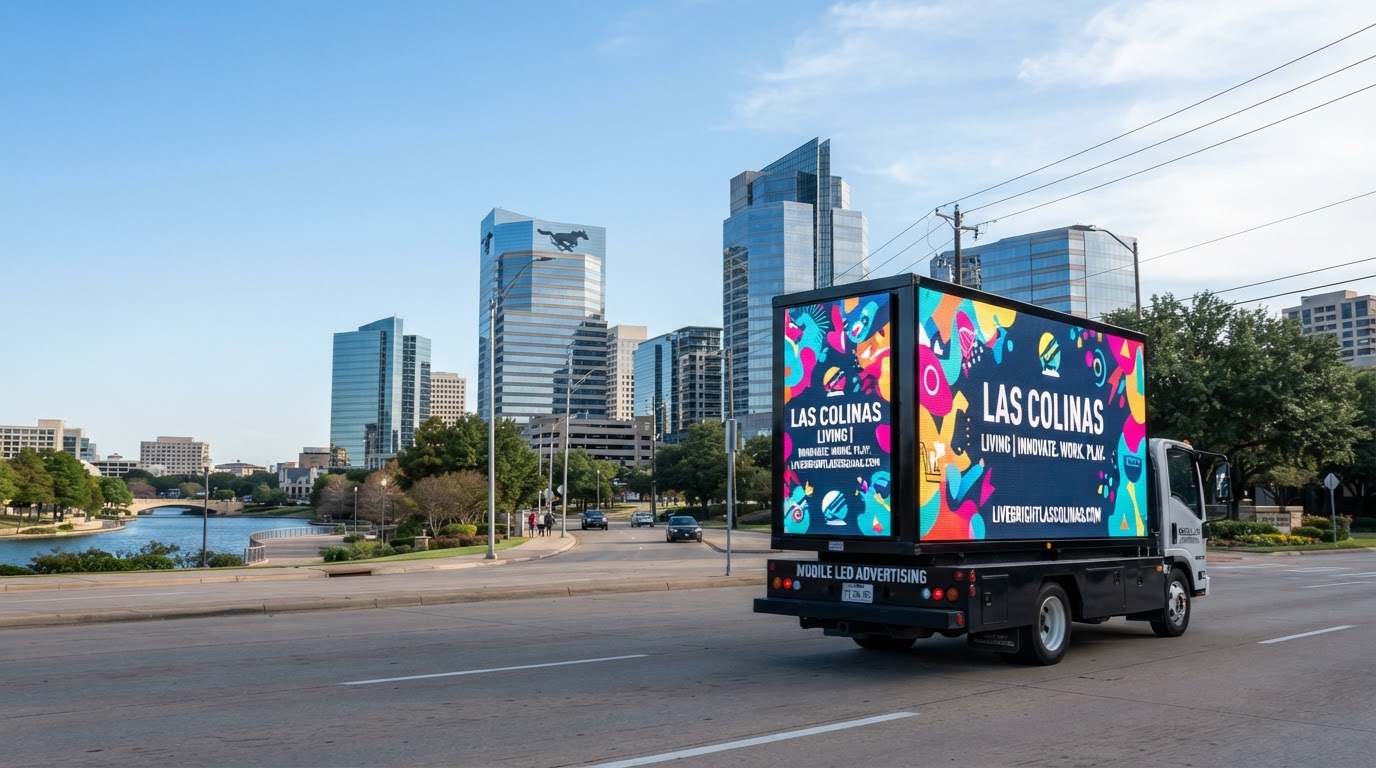 Motivo mobile billboard truck driving through the Las Colinas office district in Irving, Texas during the day