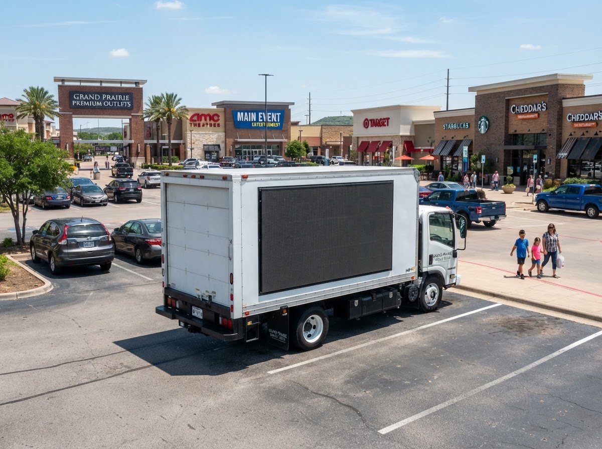 Motivo mobile billboard truck near a Grand Prairie retail and entertainment commercial area