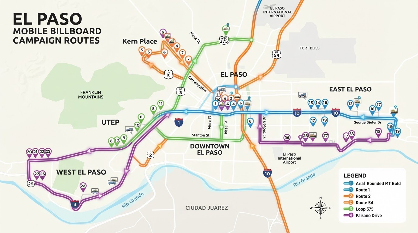Bright map of El Paso showing Motivo mobile billboard campaign routes connecting Downtown, Kern Place, the UTEP area, East El Paso, and West El Paso along I-10, US-54, Loop 375, and Paisano Drive