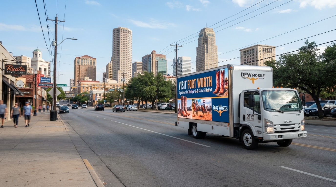 Motivo mobile billboard truck driving through downtown Fort Worth, Texas during the day