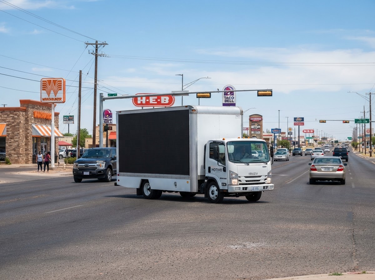 Motivo mobile billboard truck along an Odessa retail and commercial corridor near Loop 338 and E 8th St