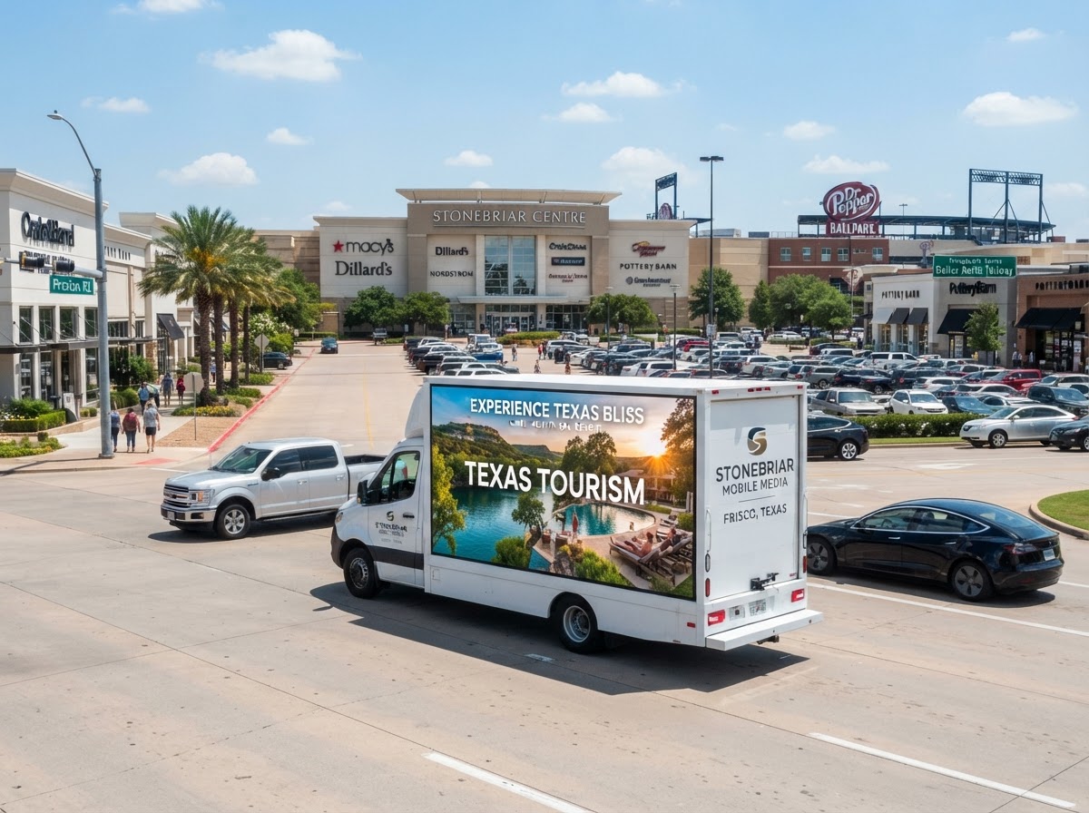 Motivo mobile billboard truck near the Stonebriar retail and shopping district in Frisco