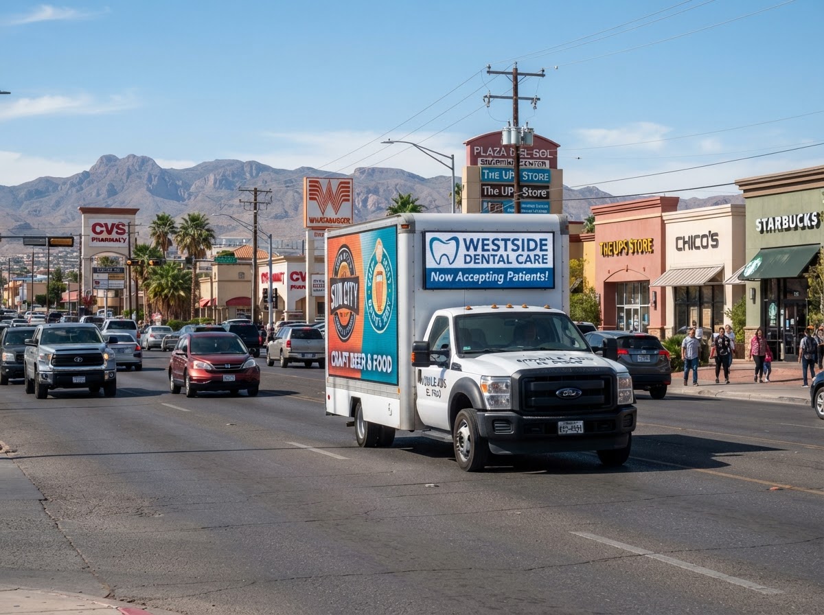 Motivo mobile billboard truck on an El Paso retail and commercial corridor