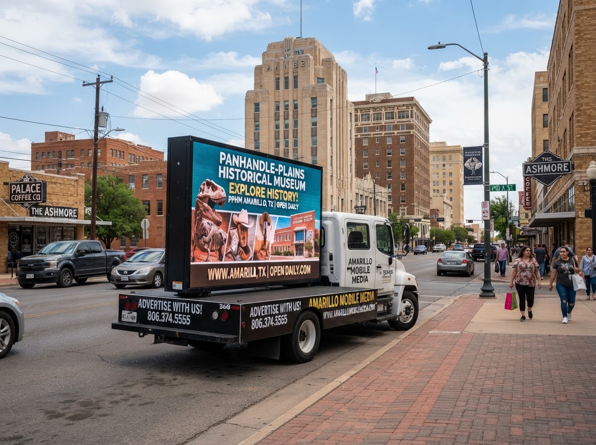 Motivo mobile billboard truck on a Downtown Amarillo business district route during the day