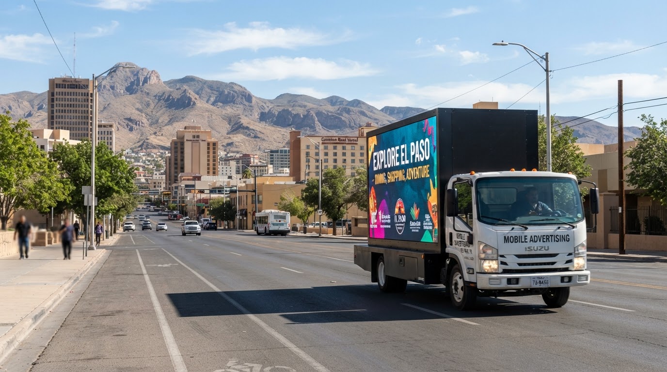 Motivo mobile billboard truck driving through downtown El Paso, Texas with the Franklin Mountains in the background during the day