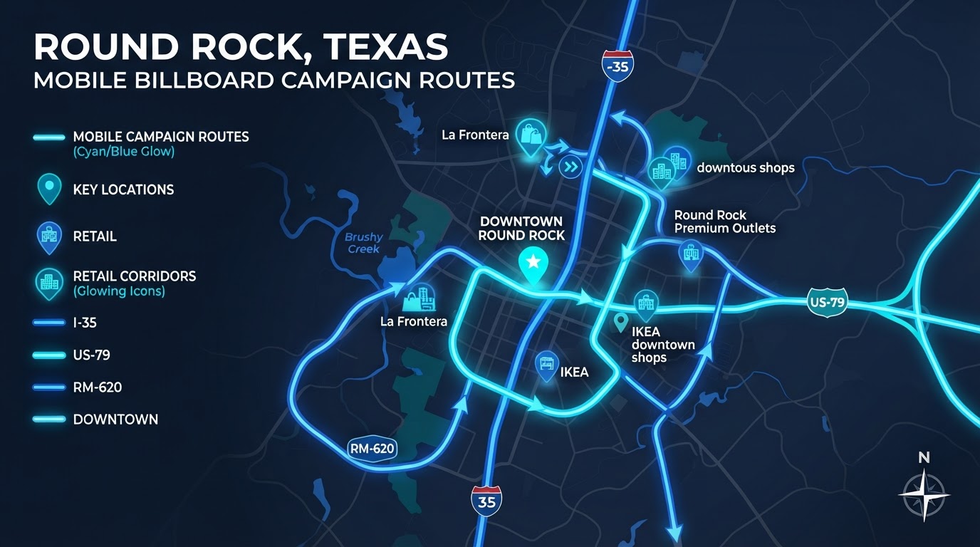 Bright map of Round Rock, Texas showing Motivo mobile billboard campaign routes connecting Downtown Round Rock, I-35, SH-45, US-79, and RM-620 retail corridors