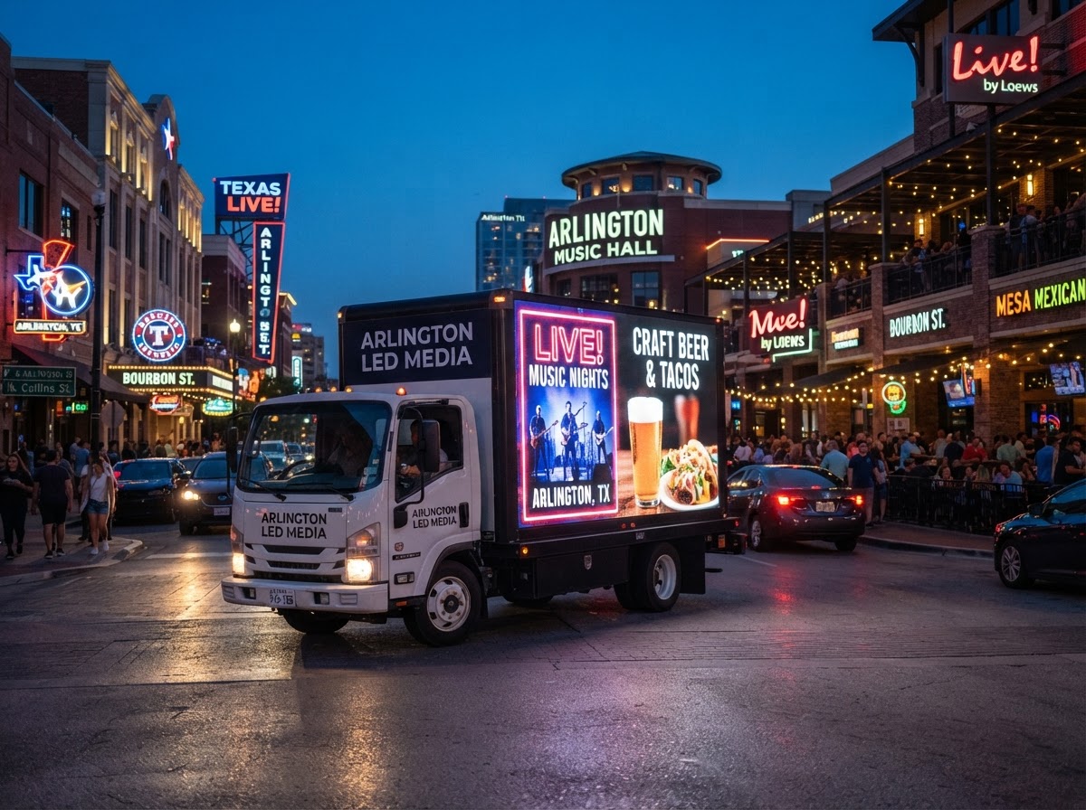 Motivo mobile billboard truck in an Arlington restaurant and entertainment district at dusk