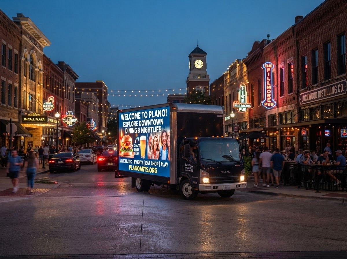 Motivo mobile billboard truck in Downtown Plano restaurant and entertainment corridor at dusk