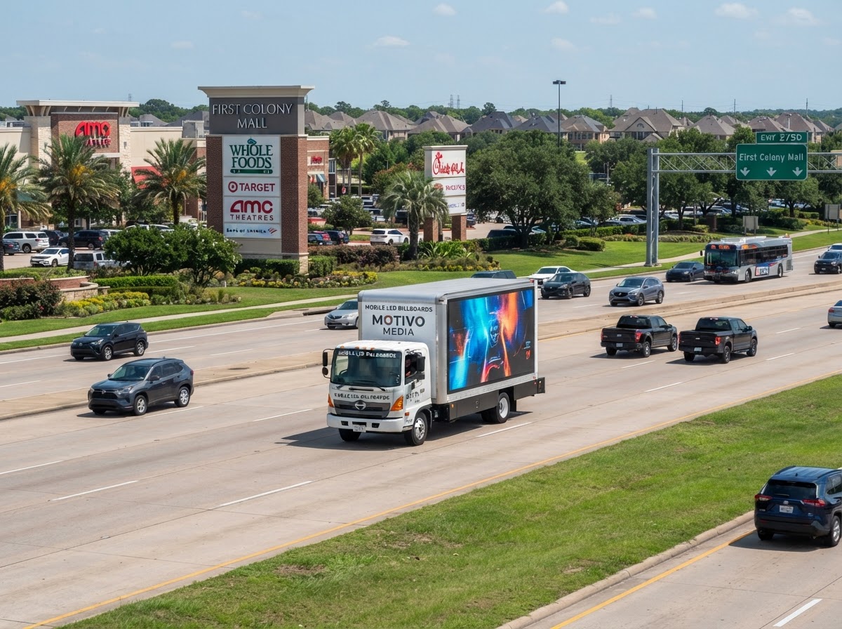 Motivo mobile LED billboard truck along Highway 6 in Sugar Land Texas near First Colony retail centers and master-planned community boulevards