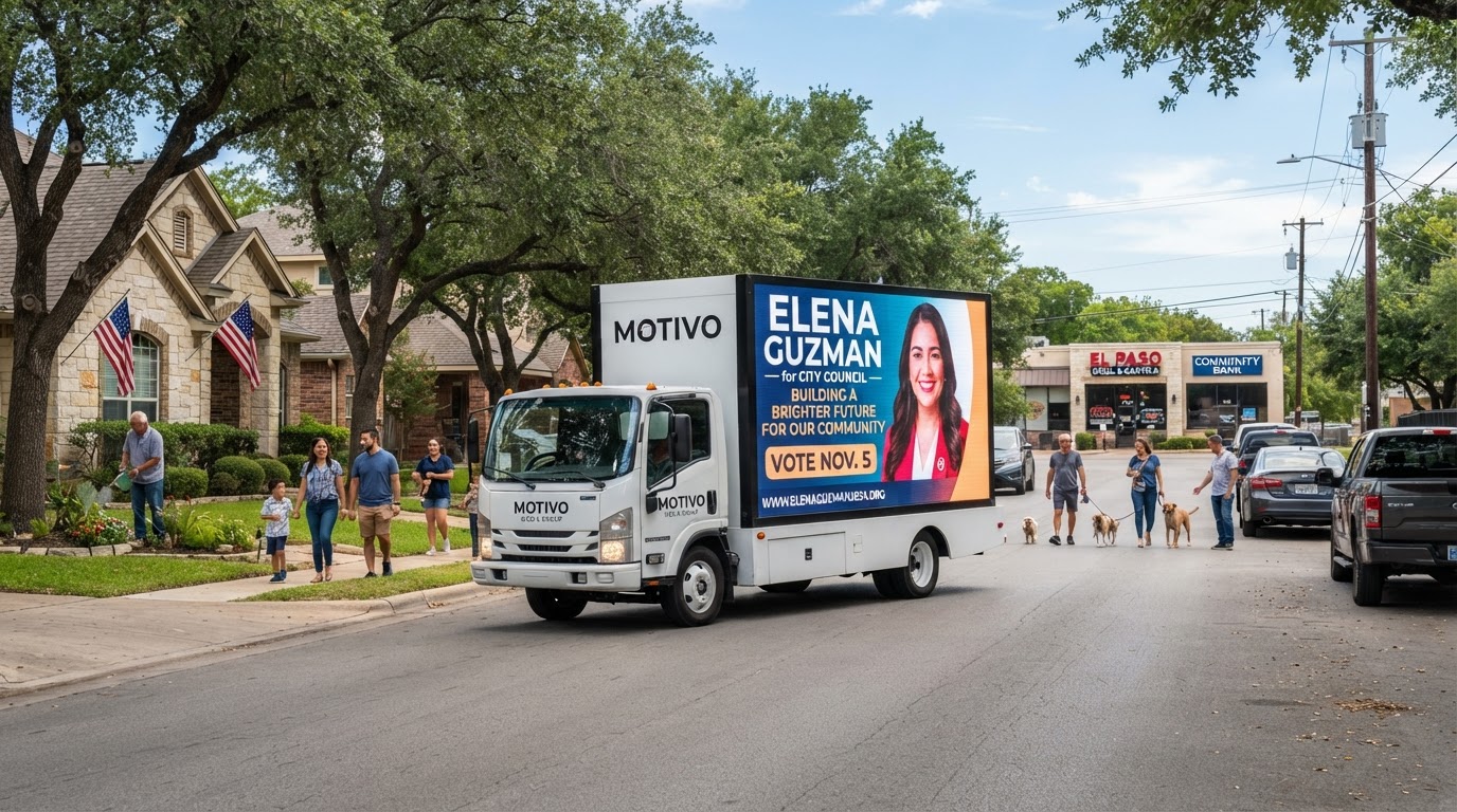 Motivo LED mobile billboard truck running a political campaign advertisement through a suburban community