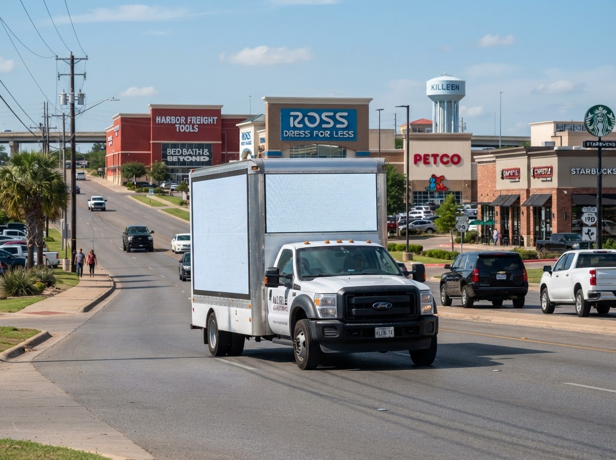 Motivo mobile billboard truck along a Killeen retail and commercial corridor near US-190