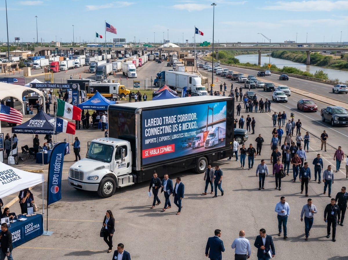 Motivo mobile LED billboard truck at a Laredo border trade corridor event area