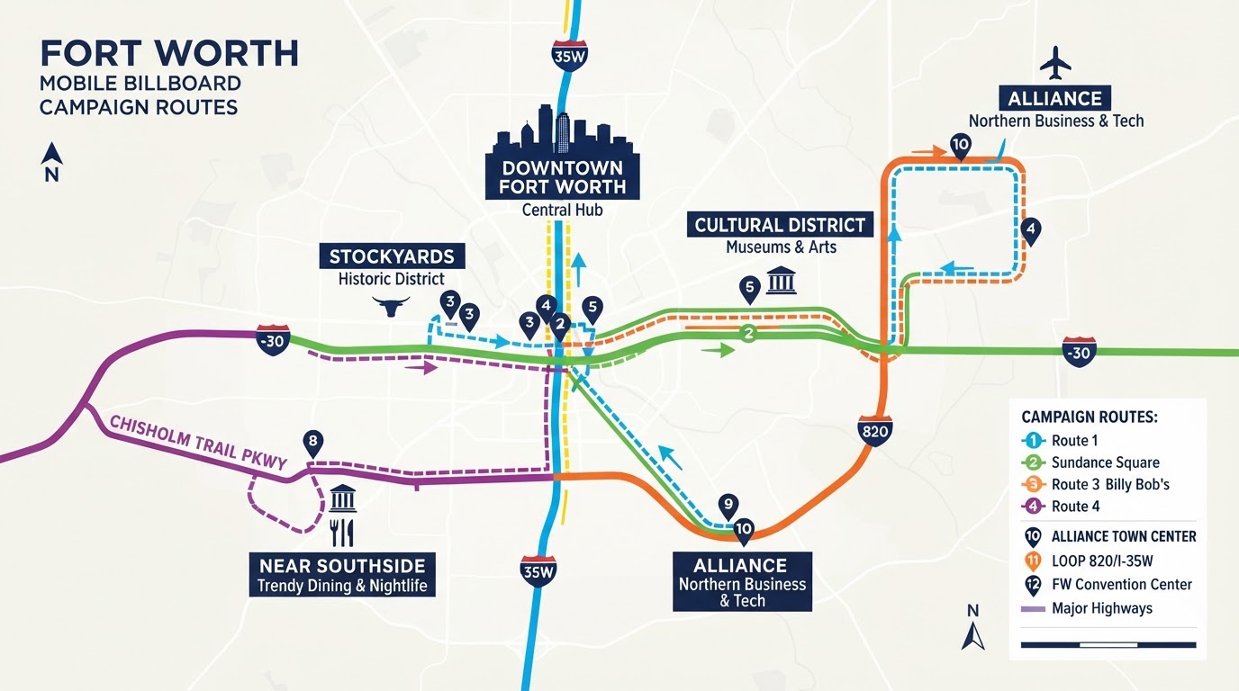 Bright map of Fort Worth showing Motivo mobile billboard campaign routes connecting Downtown, the Stockyards, the Cultural District, Near Southside, and Alliance along I-35W, I-30, I-820, and Chisholm Trail Parkway