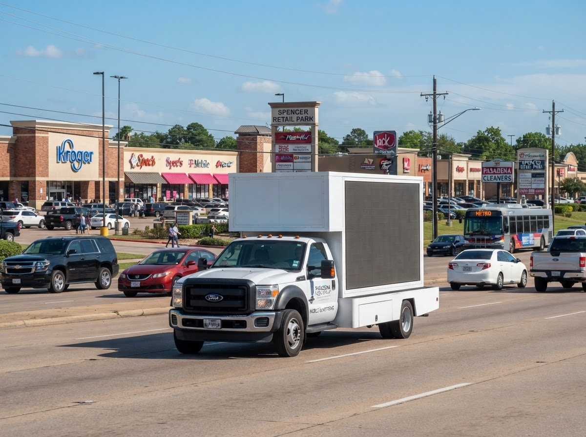 Motivo mobile billboard truck along the Spencer Highway retail corridor in Pasadena